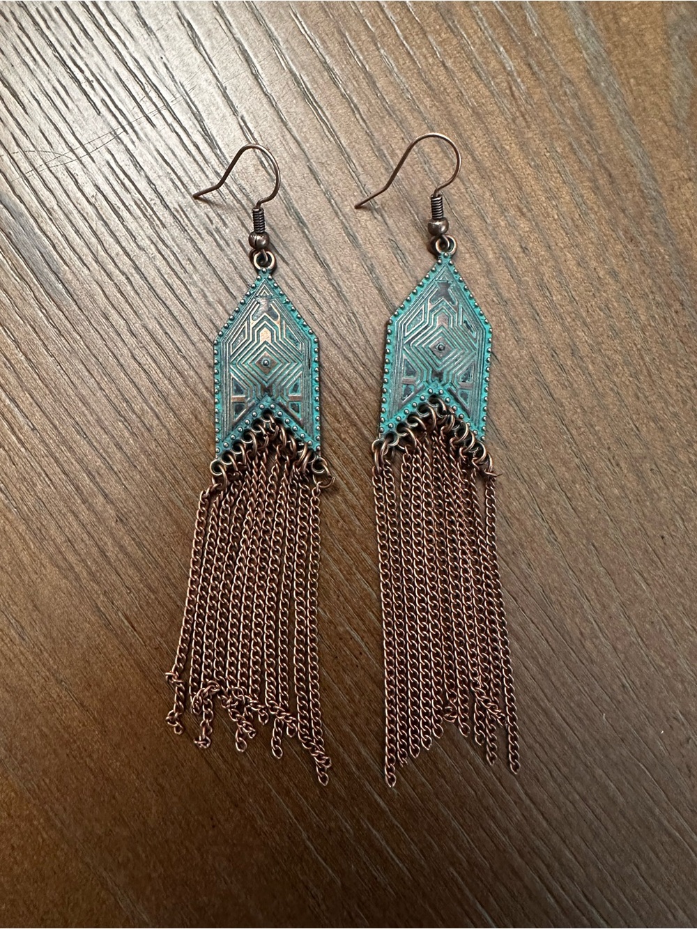 Soul Statement Turquoise Patina Geometric Tassel Drop Earrings - Women Jewelry